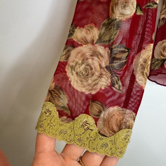 Vintage Floral Sheer lace trim Button-Up Blouse top - Picture 4 of 6